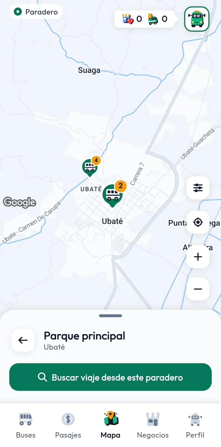 La app Baky: mapa con los paraderos y "¿A dónde quieres ir?"
