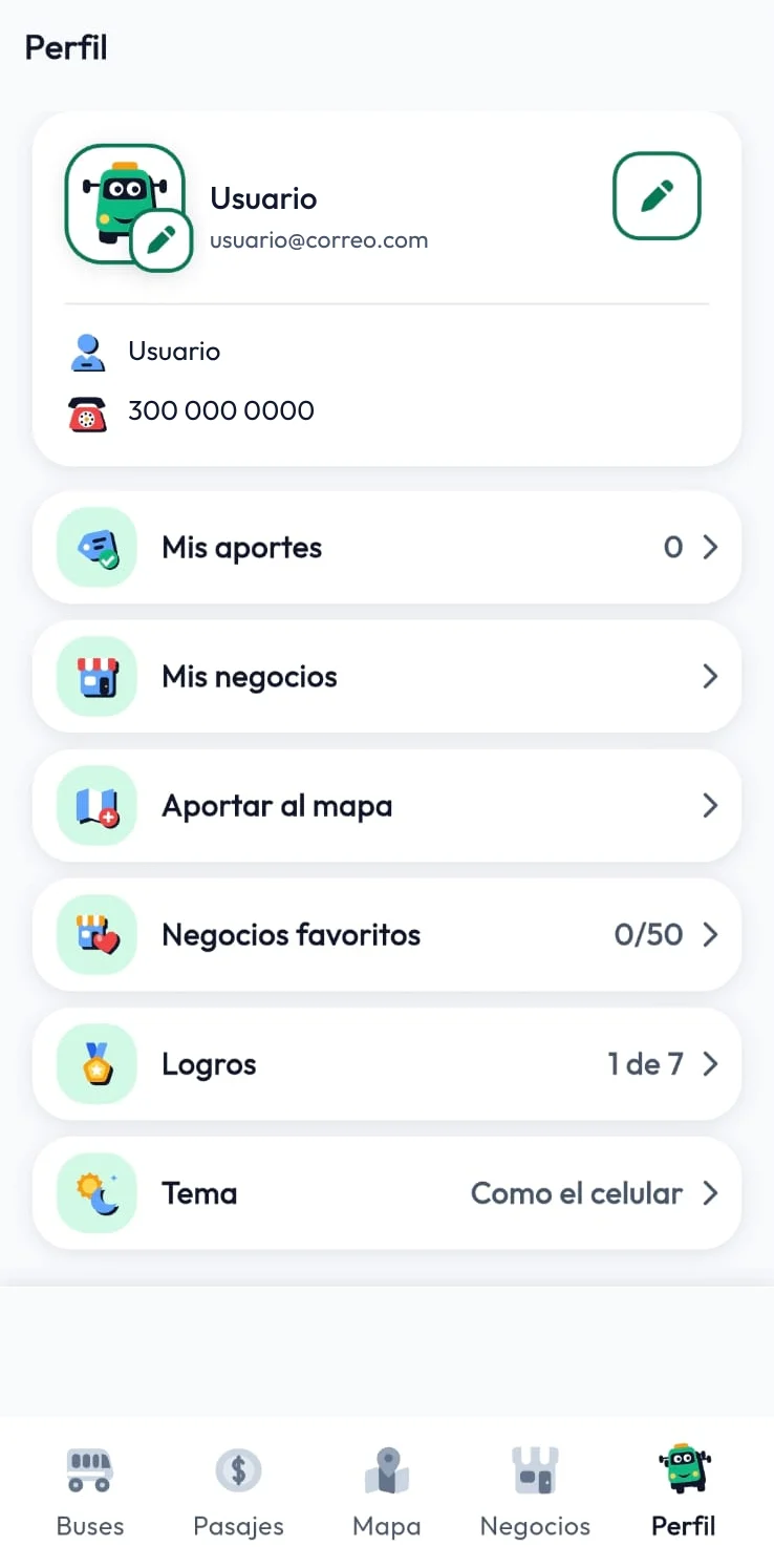 La app Baky: perfil con Mis aportes, Aportar al mapa y Logros